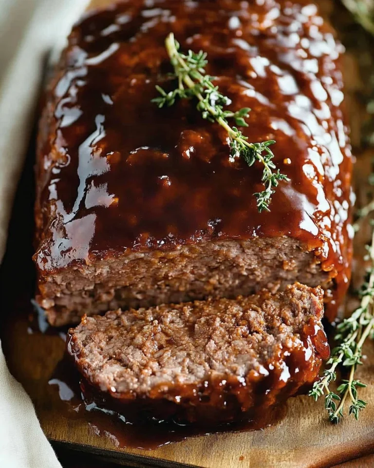 Delicious balsamic glazed meatloaf served with vegetables