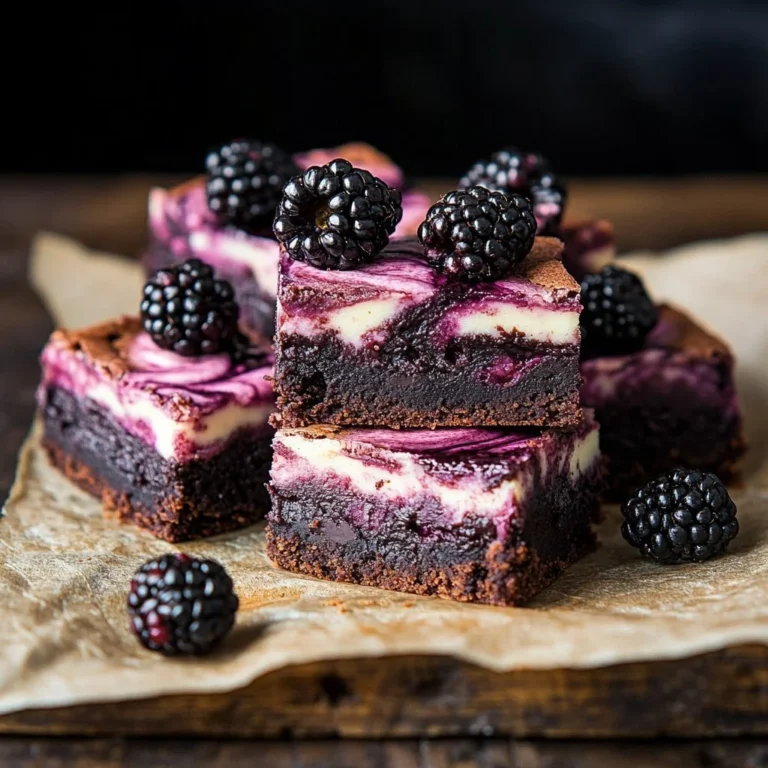 Delicious blackberry cheesecake brownies topped with fresh blackberries.
