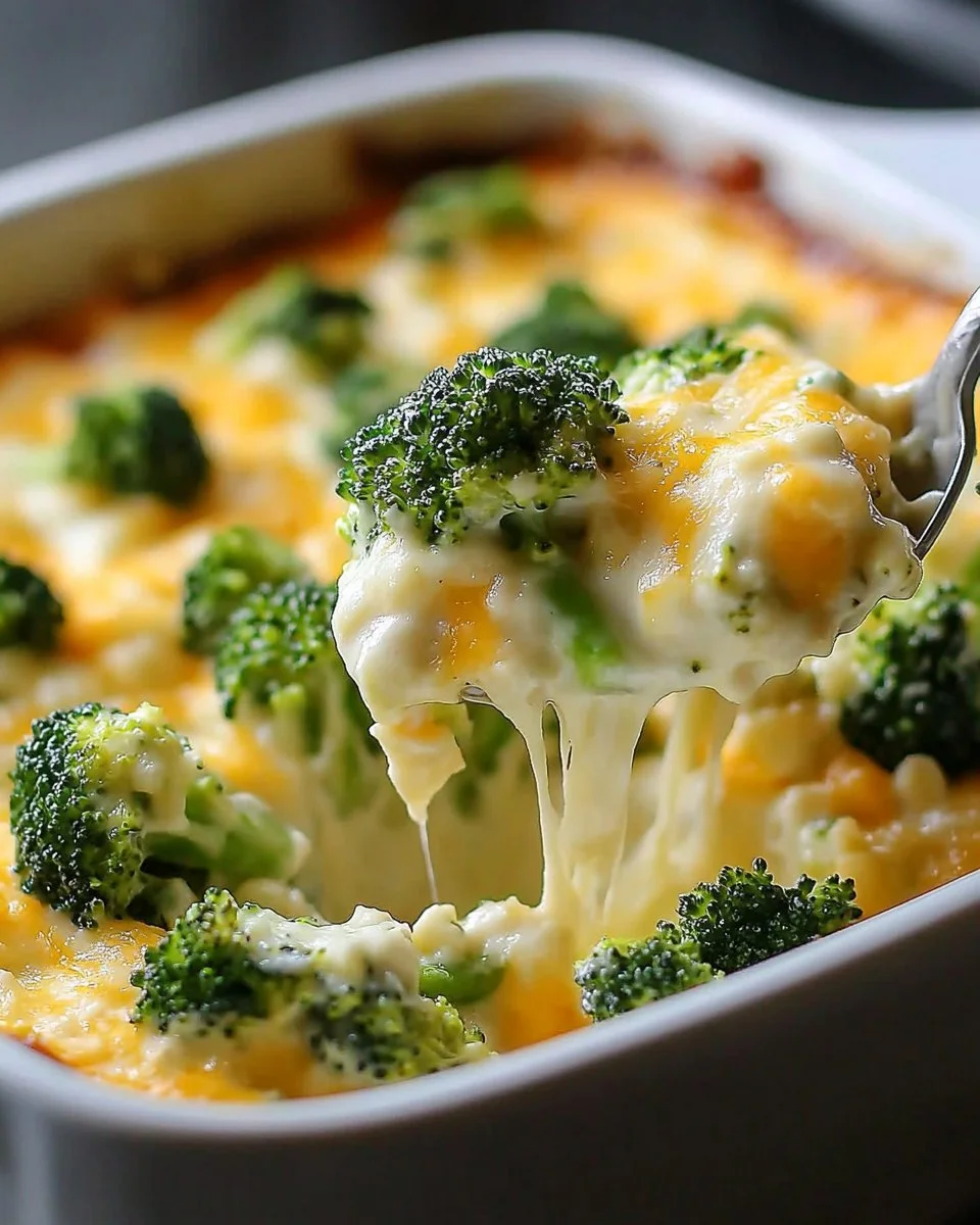 Delicious broccoli cheese casserole topped with melted cheese