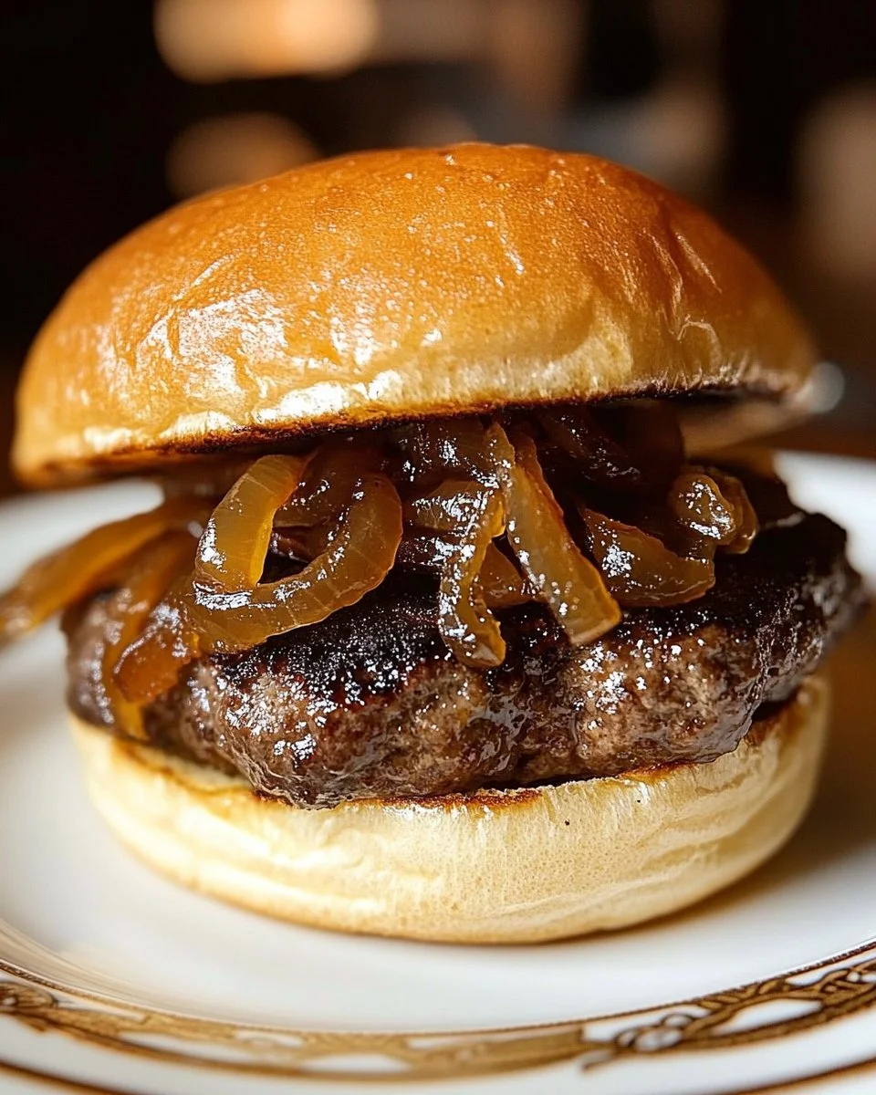Delicious burger topped with caramelized onions on a wooden plate