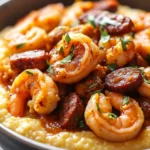 Cajun shrimp and grits with Andouille sausage served in a bowl