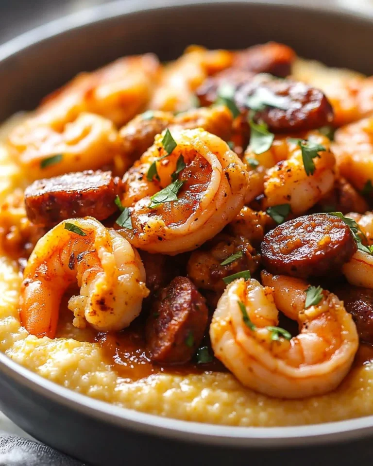 Cajun shrimp and grits with Andouille sausage served in a bowl