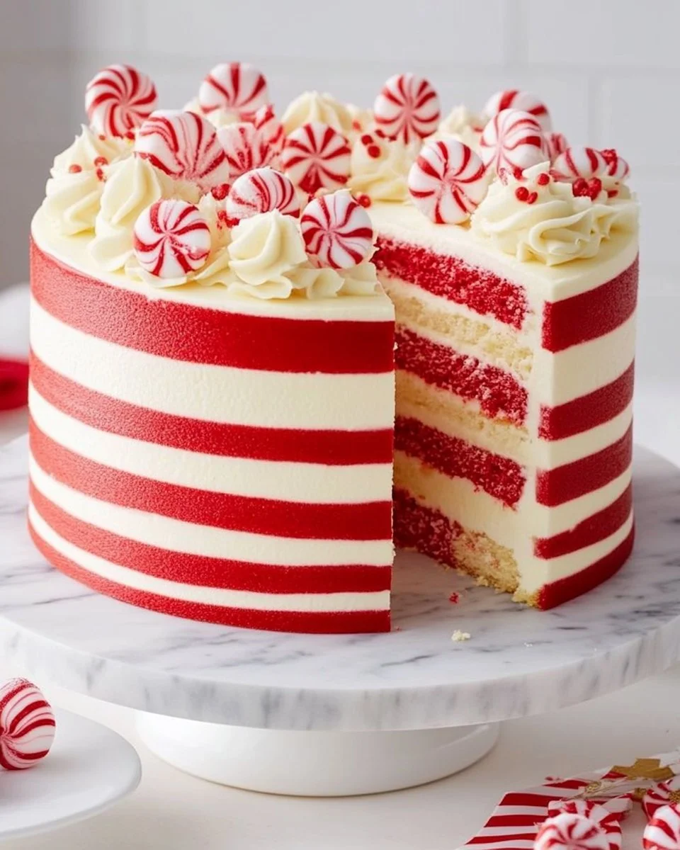 Delicious Candy Cane Cake decorated with peppermint and Christmas colors