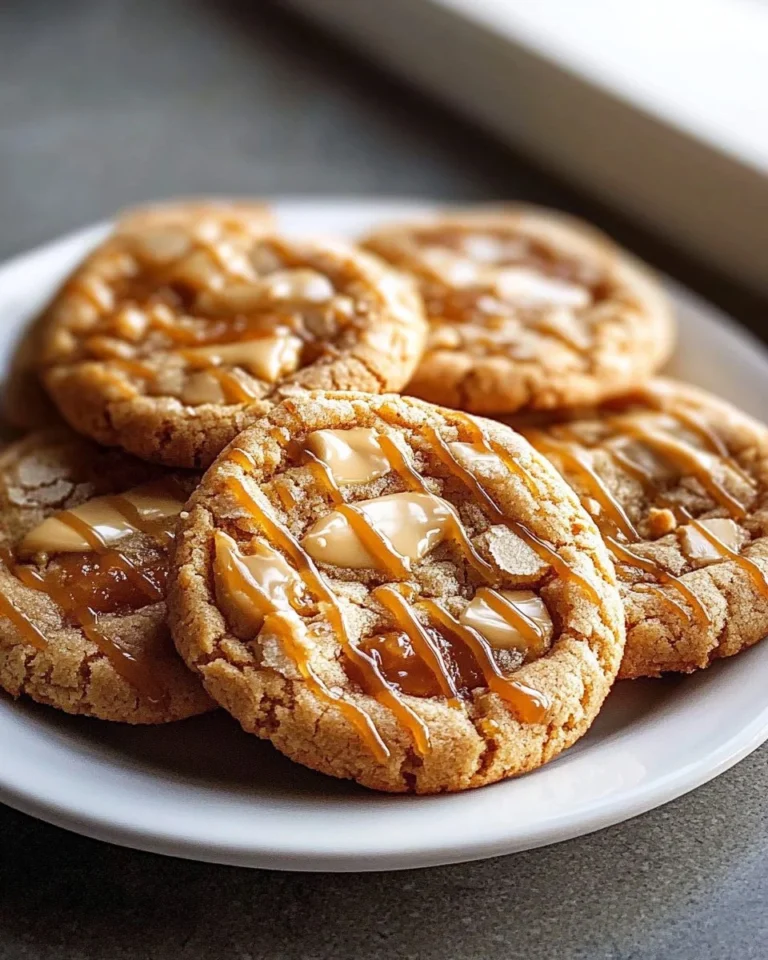 Freshly baked caramel apple cider cookies on a rustic wooden table.