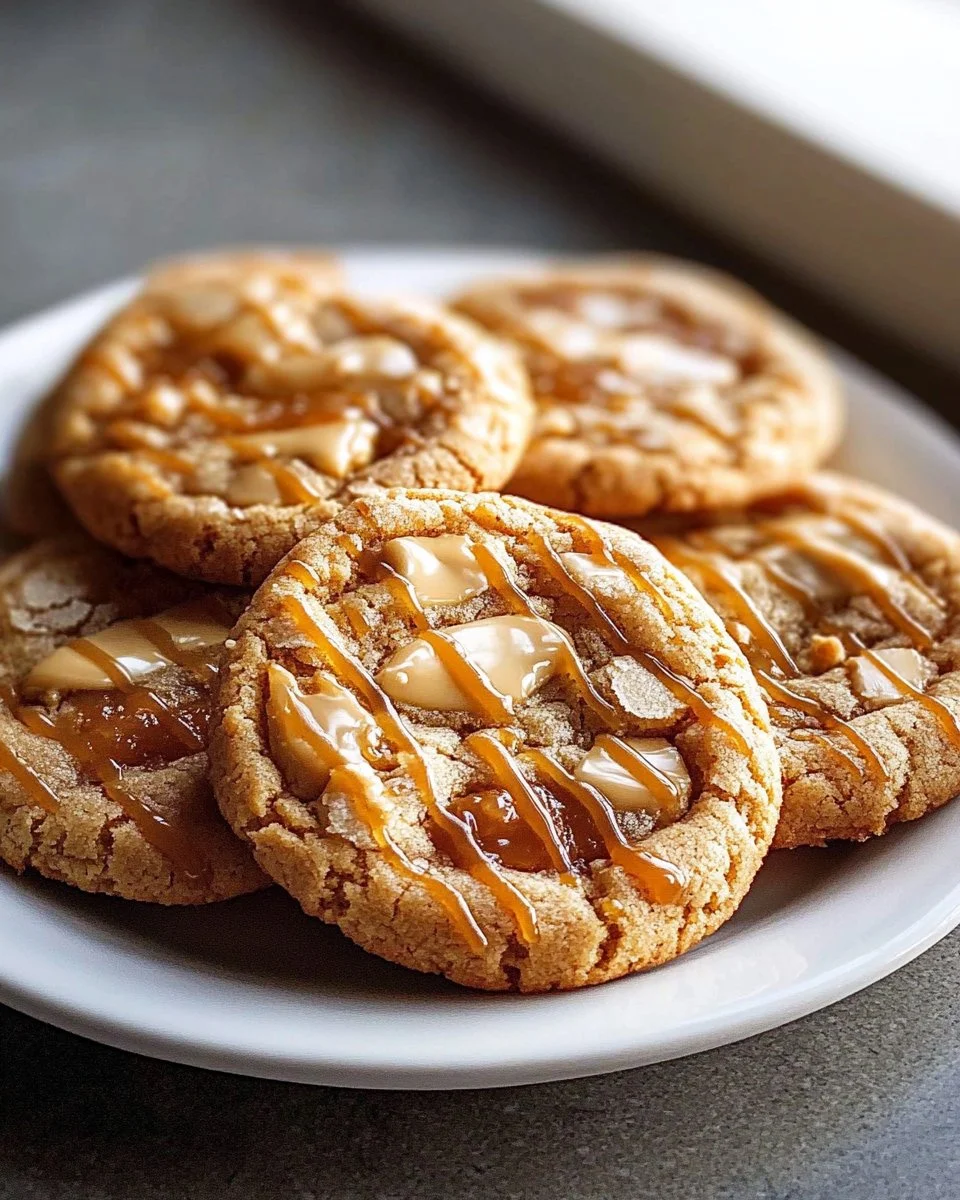 Freshly baked caramel apple cider cookies on a rustic wooden table.