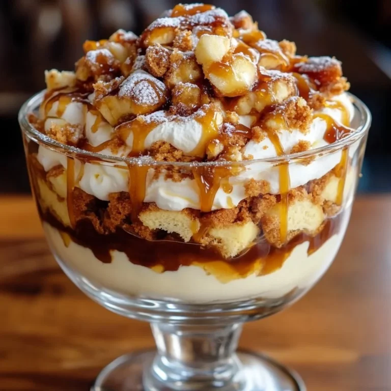 Delicious caramel apple trifle dessert layered with apples and caramel sauce