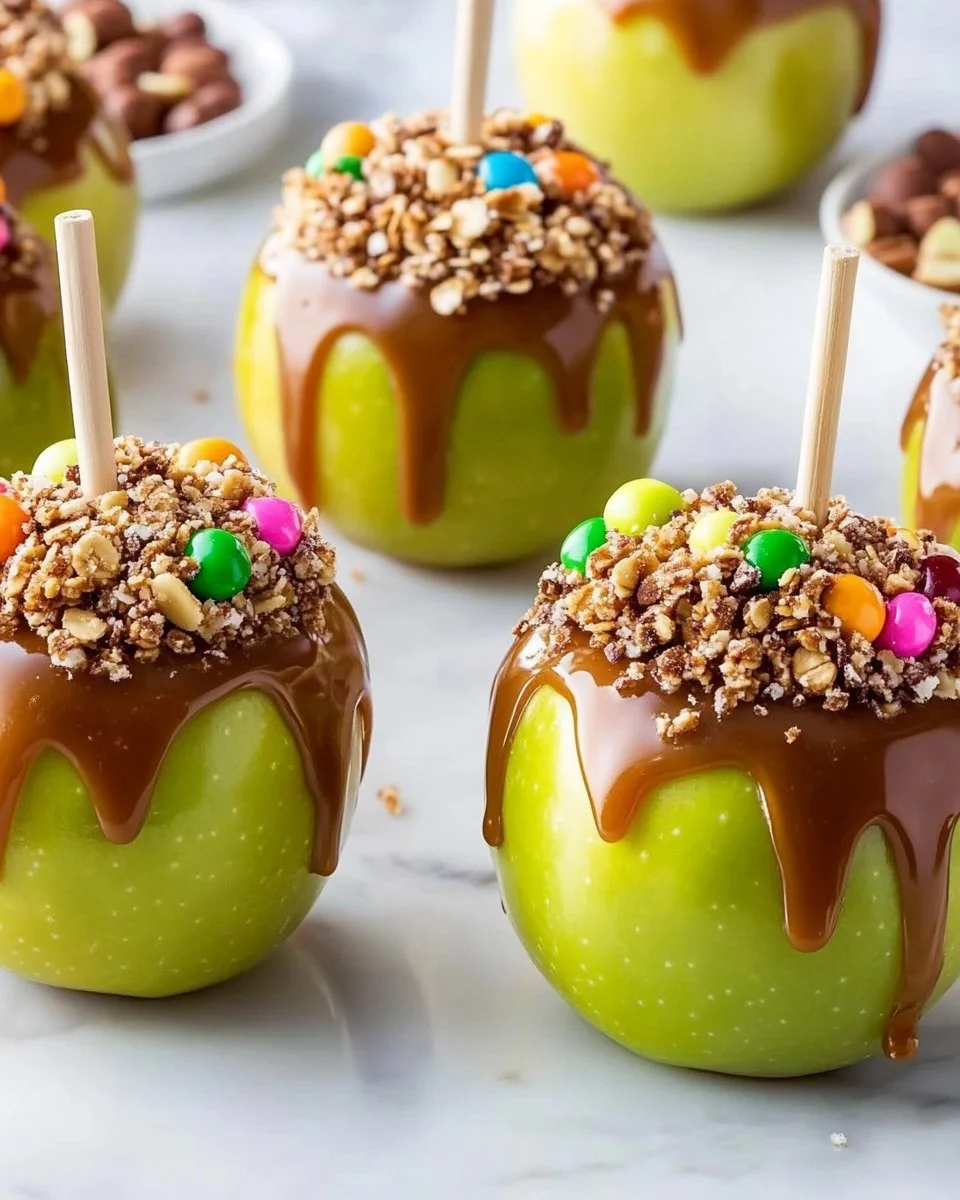 Freshly made caramel apples drizzled with chocolate and sprinkles