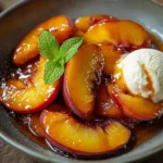 Delicious caramelized skillet peaches served in a cast iron pan