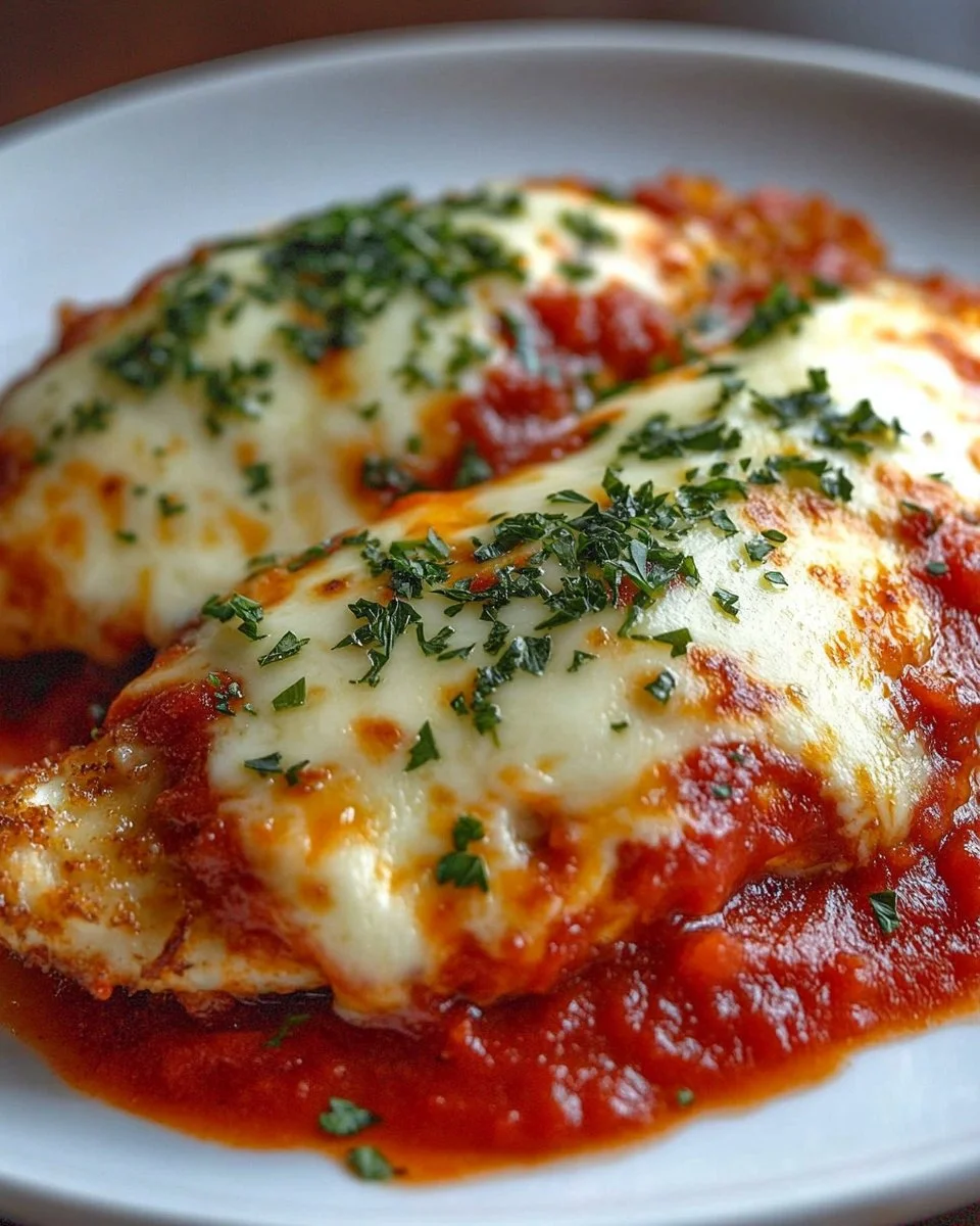 Delicious Chicken Parmesan with marinara sauce and melted cheese on a plate