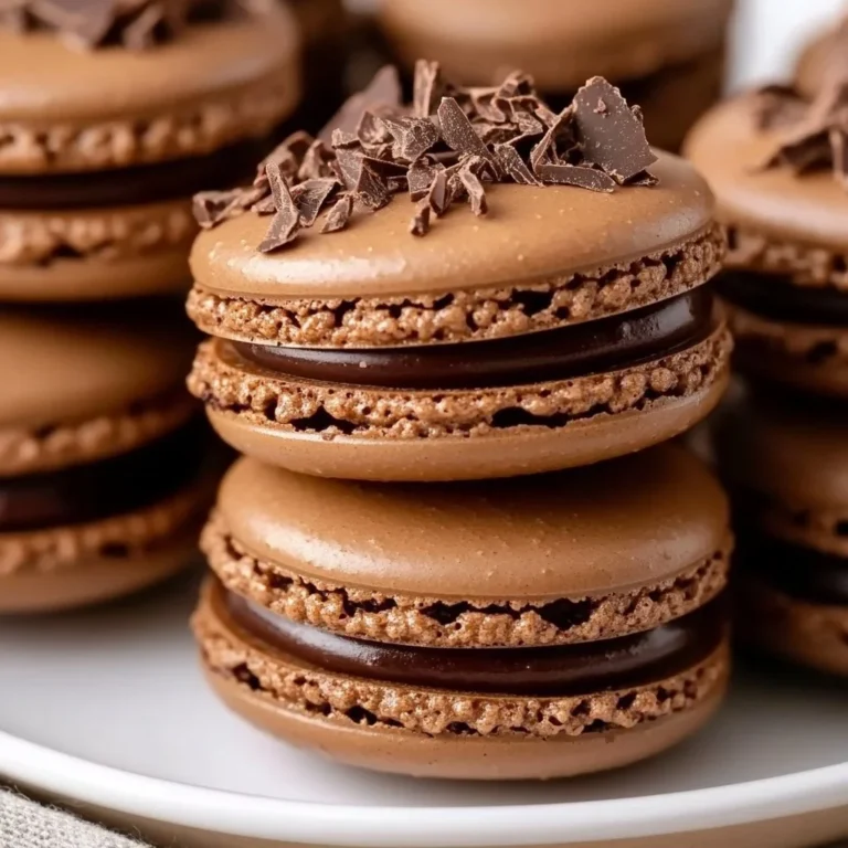 Chocolate macarons with Nutella filling on a rustic wooden background