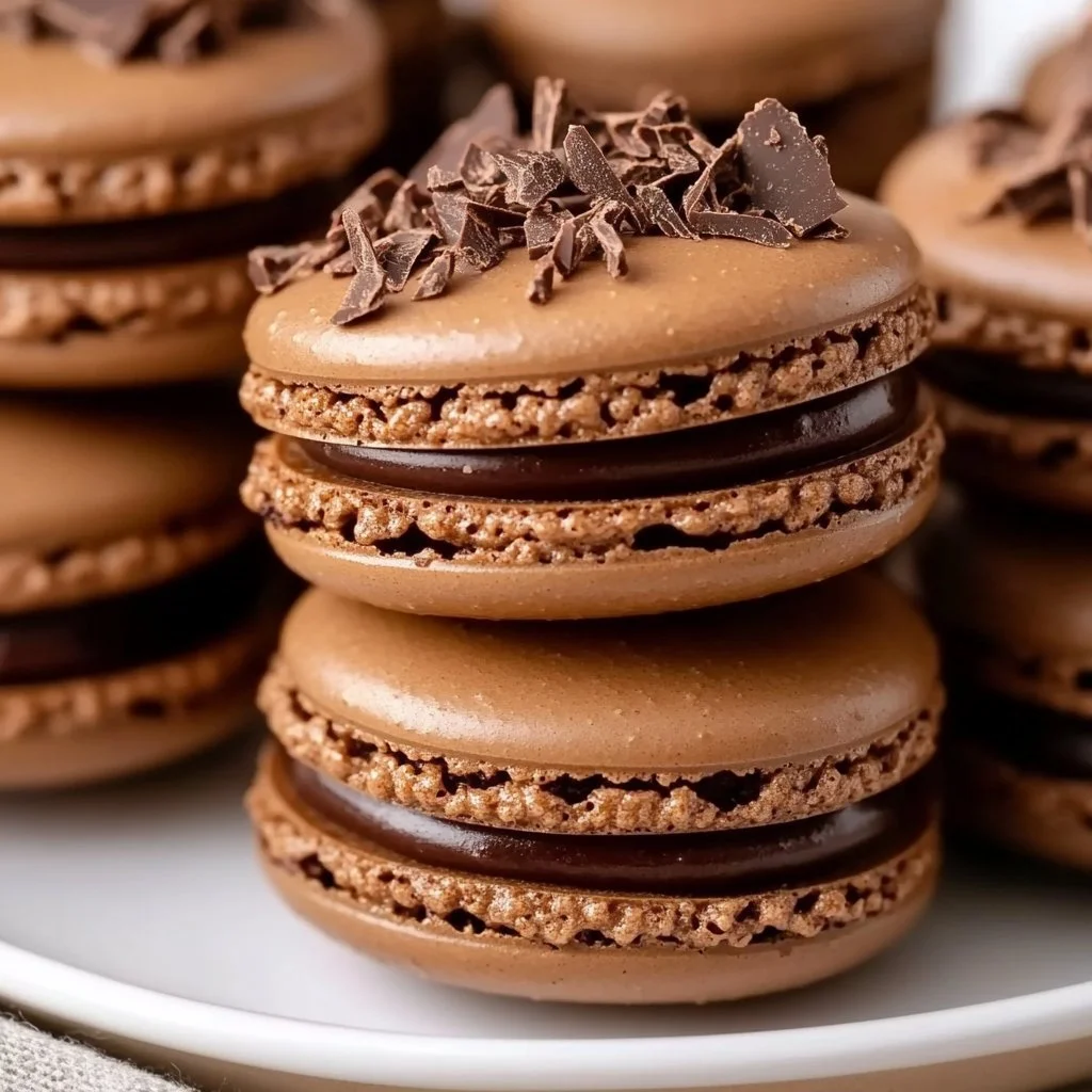 Chocolate macarons with Nutella filling on a rustic wooden background