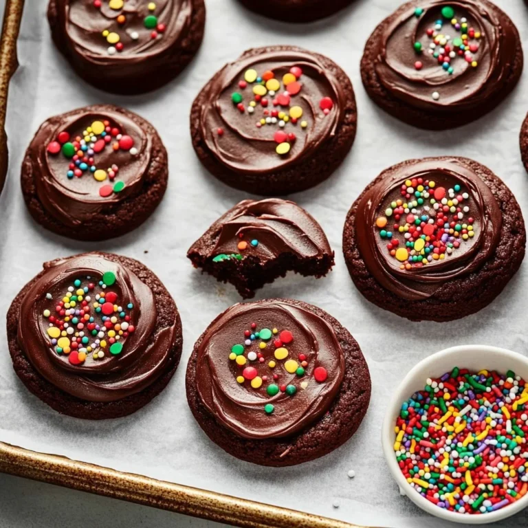 Freshly baked chocolate frosted cookies with a glossy chocolate coating.