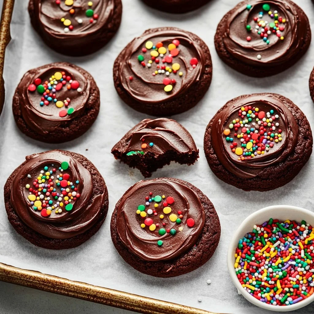 Freshly baked chocolate frosted cookies with a glossy chocolate coating.