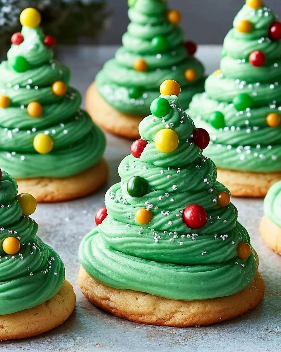Decorative Christmas Tree Cookie Stacks decorated with icing and sprinkles