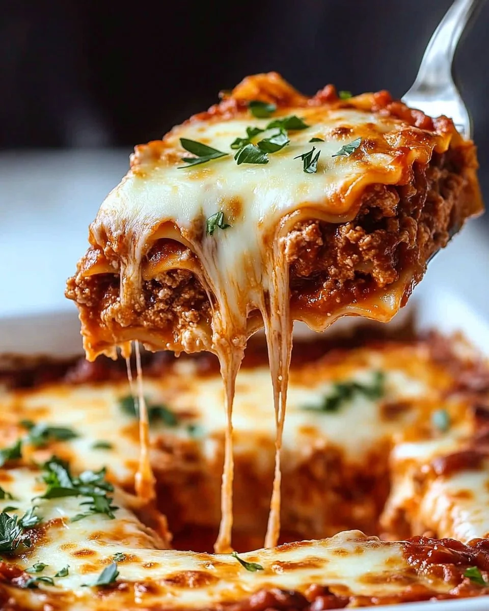 Classic beef lasagna with layers of meat sauce and cheese baked to perfection.