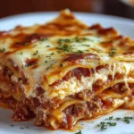 Classic lasagna with layers of cheese, meat, and tomato sauce served on a plate.