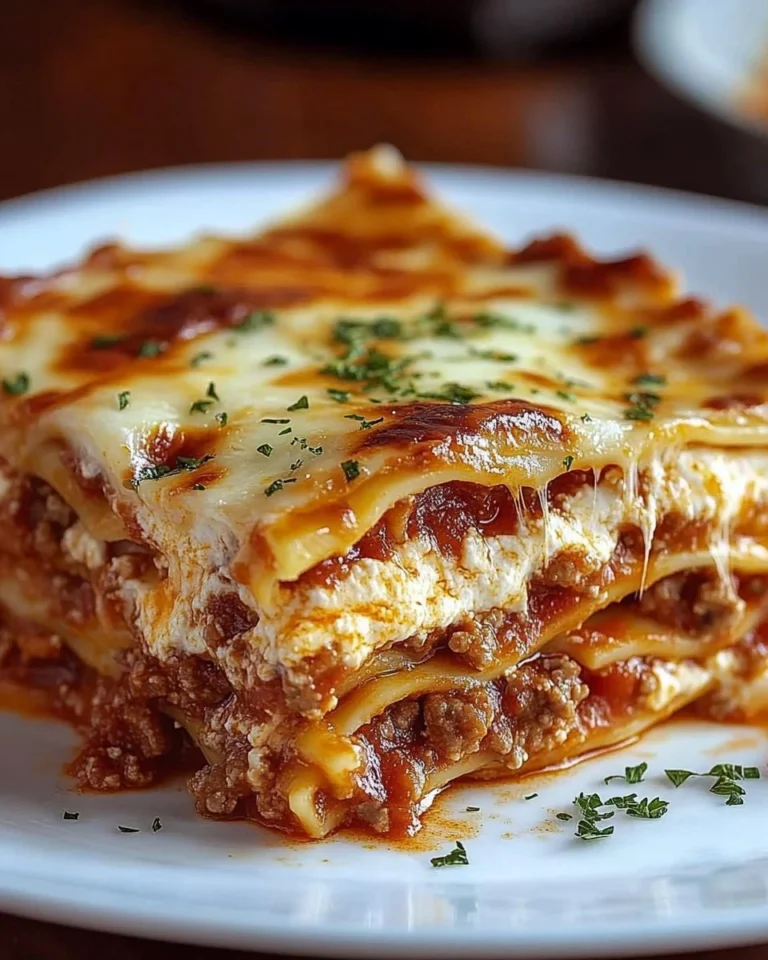 Classic lasagna with layers of cheese, meat, and tomato sauce served on a plate.