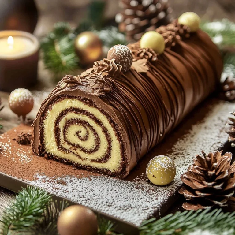 Delicious classic Yule Log dessert decorated for the holidays
