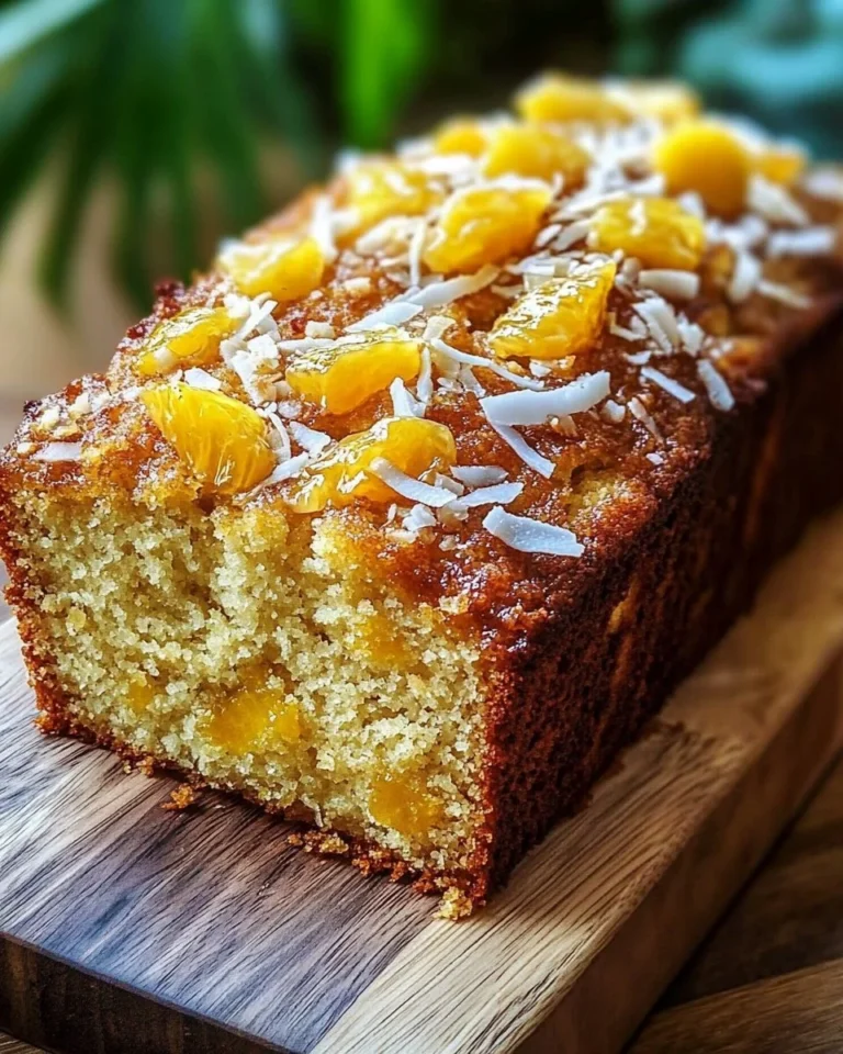 Slice of Coconut Pineapple Banana Bread on a wooden table