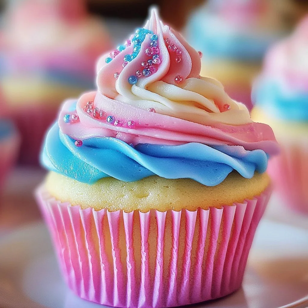 Colorful cotton candy cupcakes with fluffy frosting and festive sprinkles
