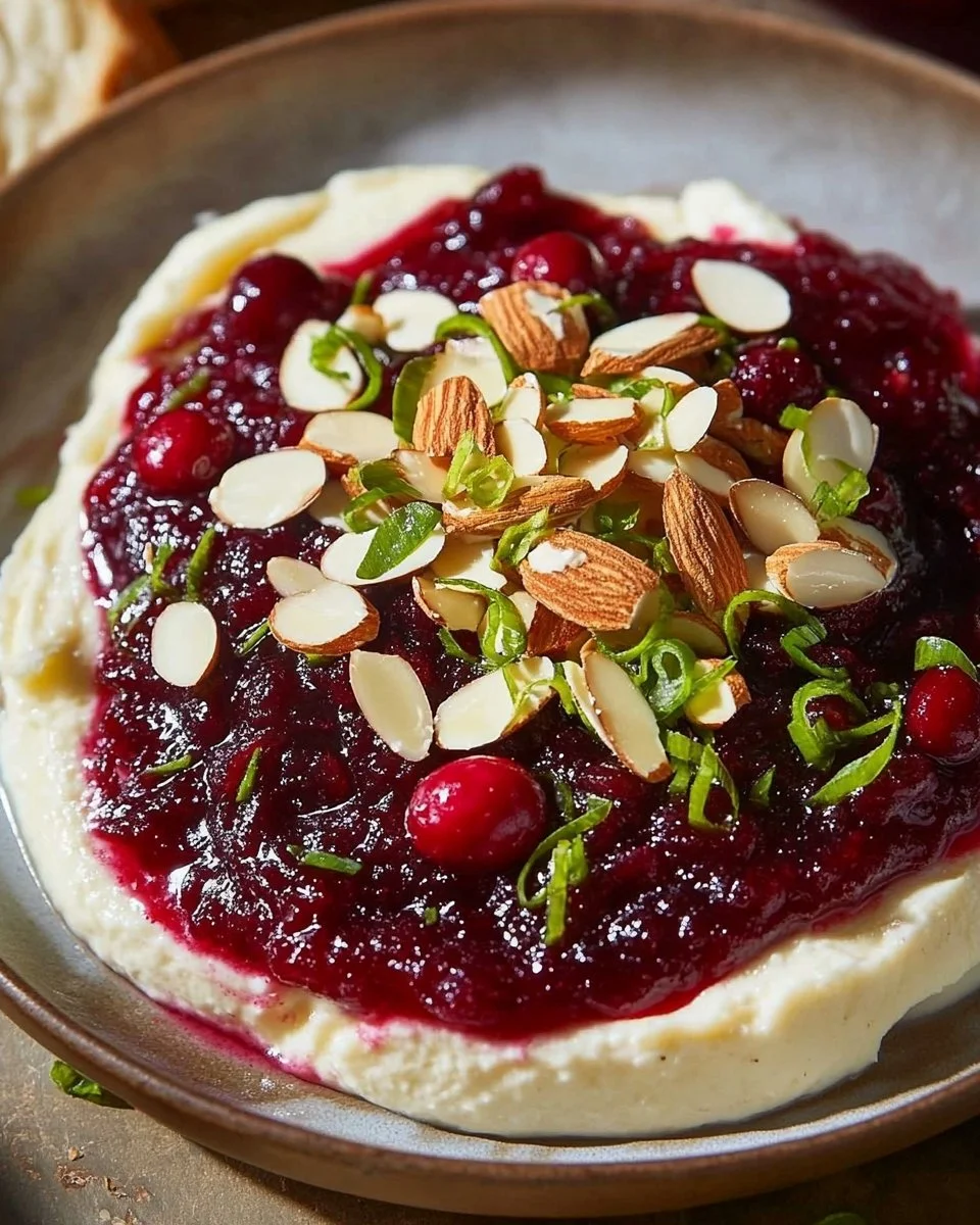 Delicious cranberry cream cheese spread on a cracker with fresh cranberries.