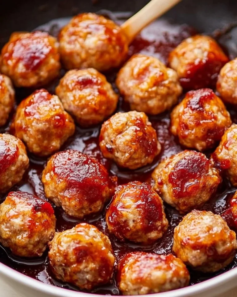 Cranberry glazed turkey meatballs served on a plate with sauce drizzle