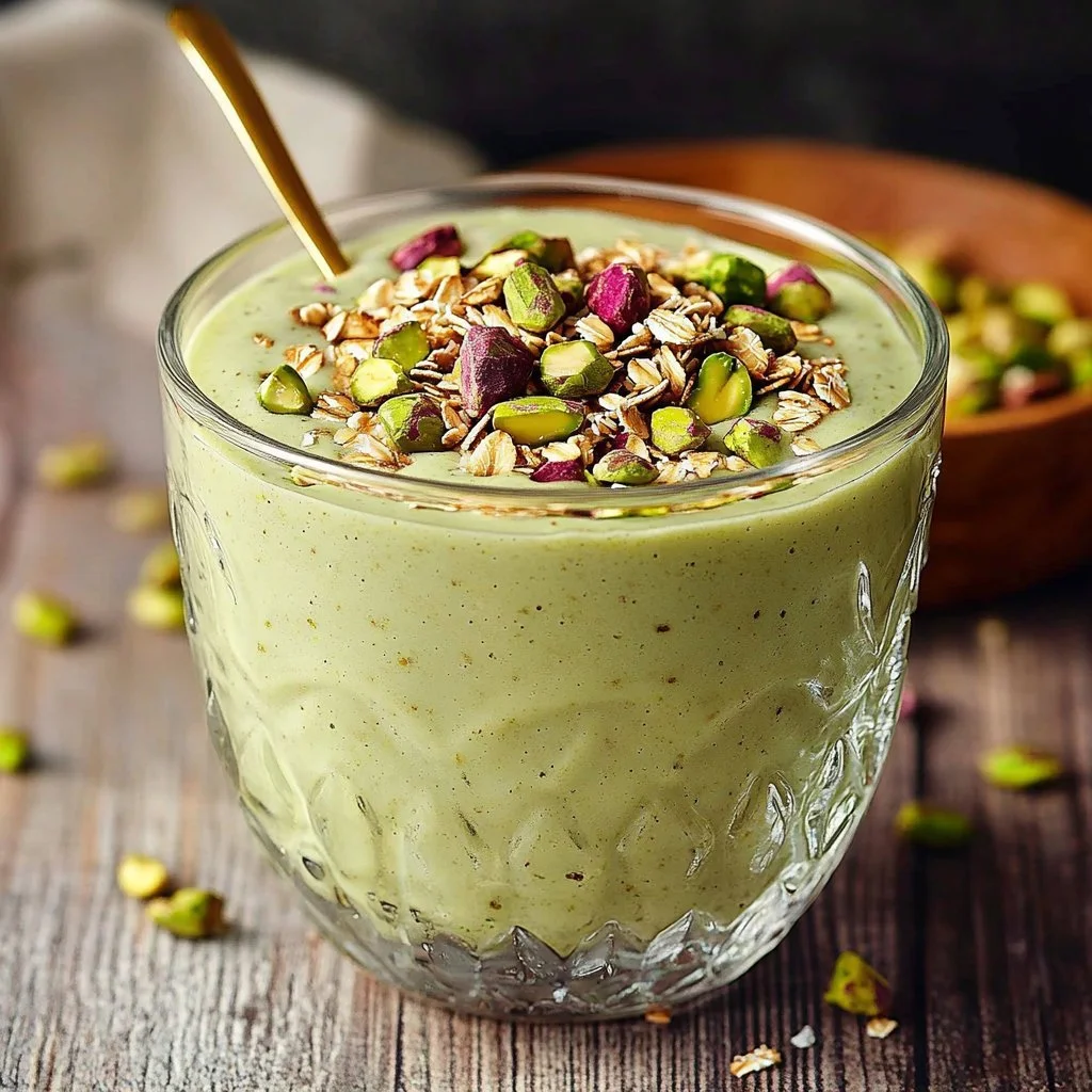Bowl of creamy pistachio overnight oats topped with nuts and fruits
