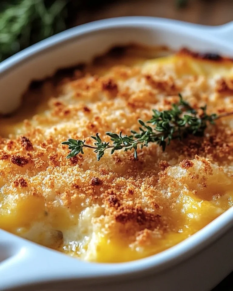 Creamy butternut squash casserole baked with cheese and herbs.