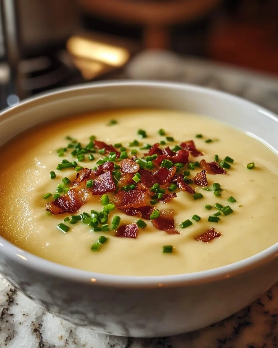 Bowl of creamy cheesy potato soup with herbs and toppings