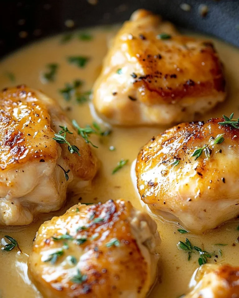 Plate of creamy garlic chicken garnished with parsley and served with rice