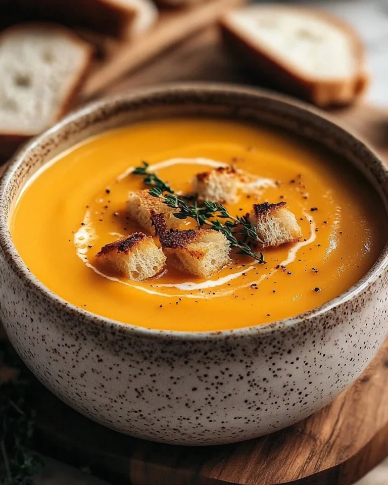 Bowl of creamy roasted kabocha squash soup garnished with herbs