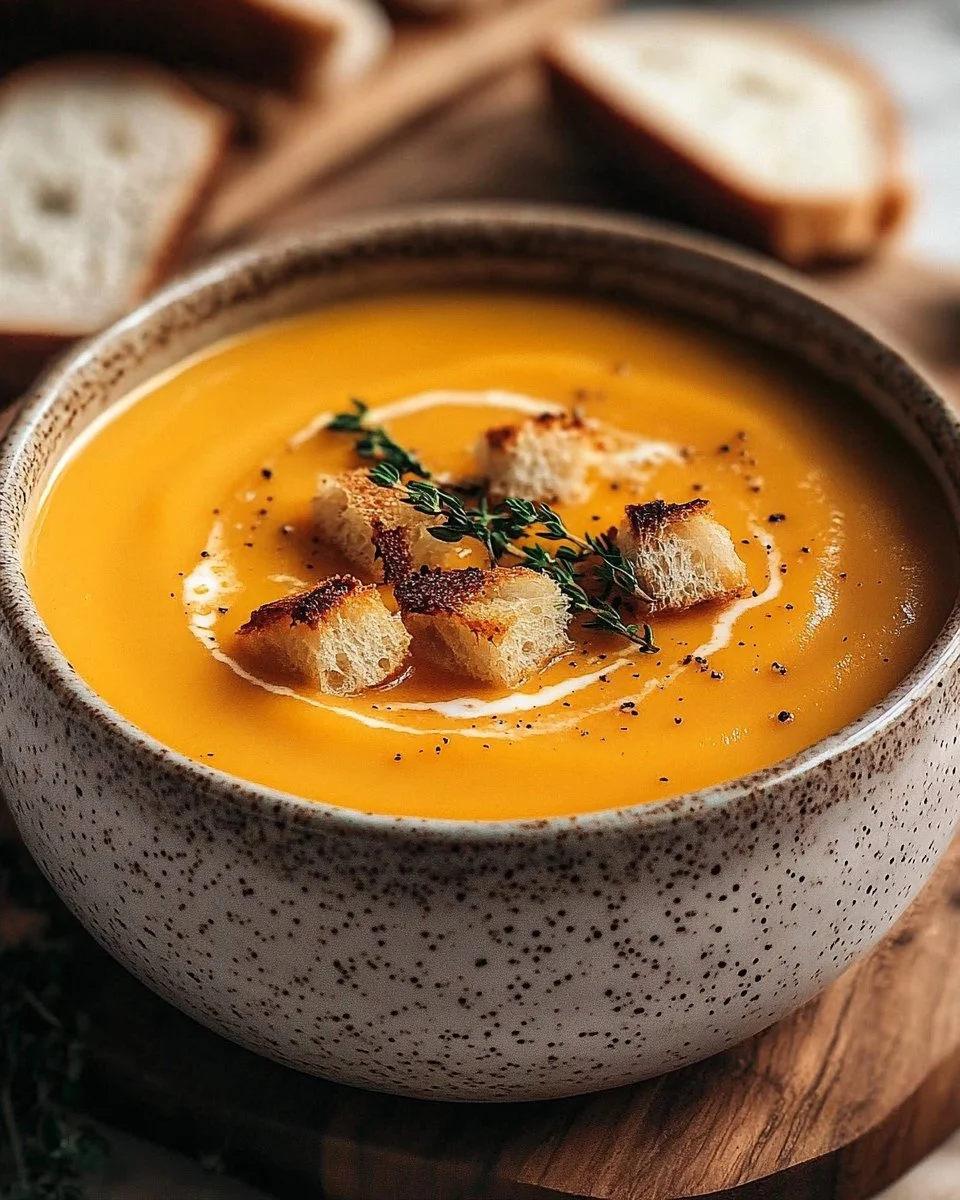 Bowl of creamy roasted kabocha squash soup garnished with herbs