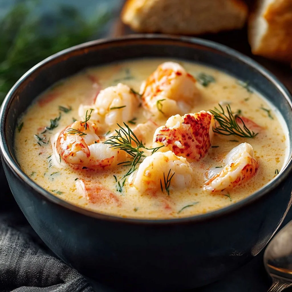 A bowl of creamy seafood chowder topped with herbs and spices