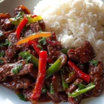 Delicious plate of crispy chilli beef with vibrant vegetables