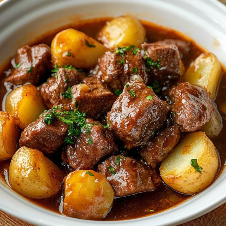 Crockpot garlic butter beef bites served with potatoes on a plate