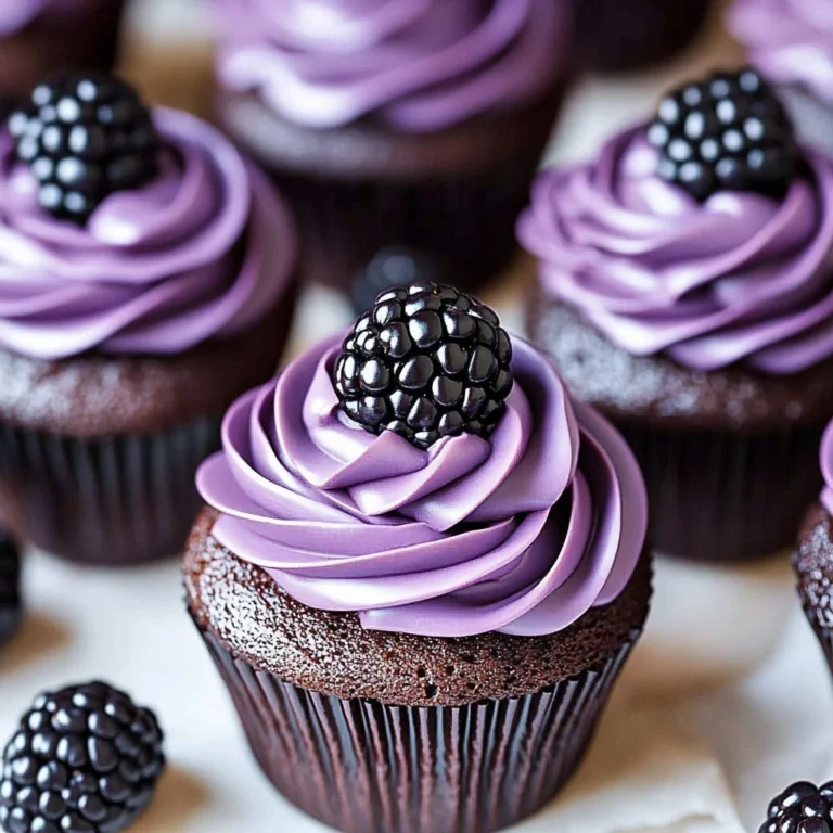 Decadent dark chocolate blackberry cupcakes topped with creamy frosting.