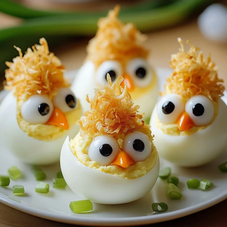 Plate of creative deviled egg chicks decorated for a festive occasion