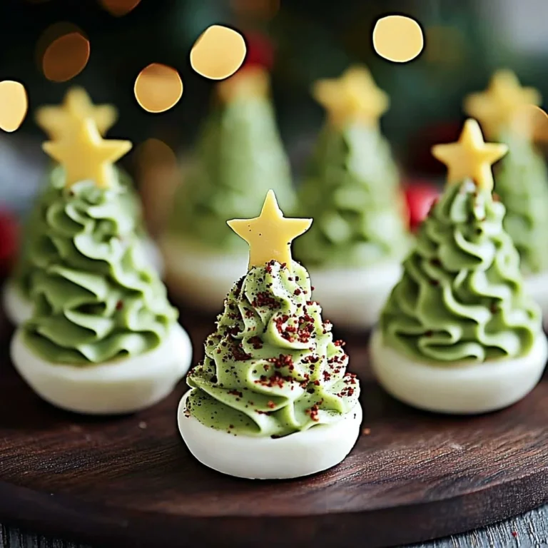 Festive deviled egg Christmas trees garnished with herbs and colorful toppings.