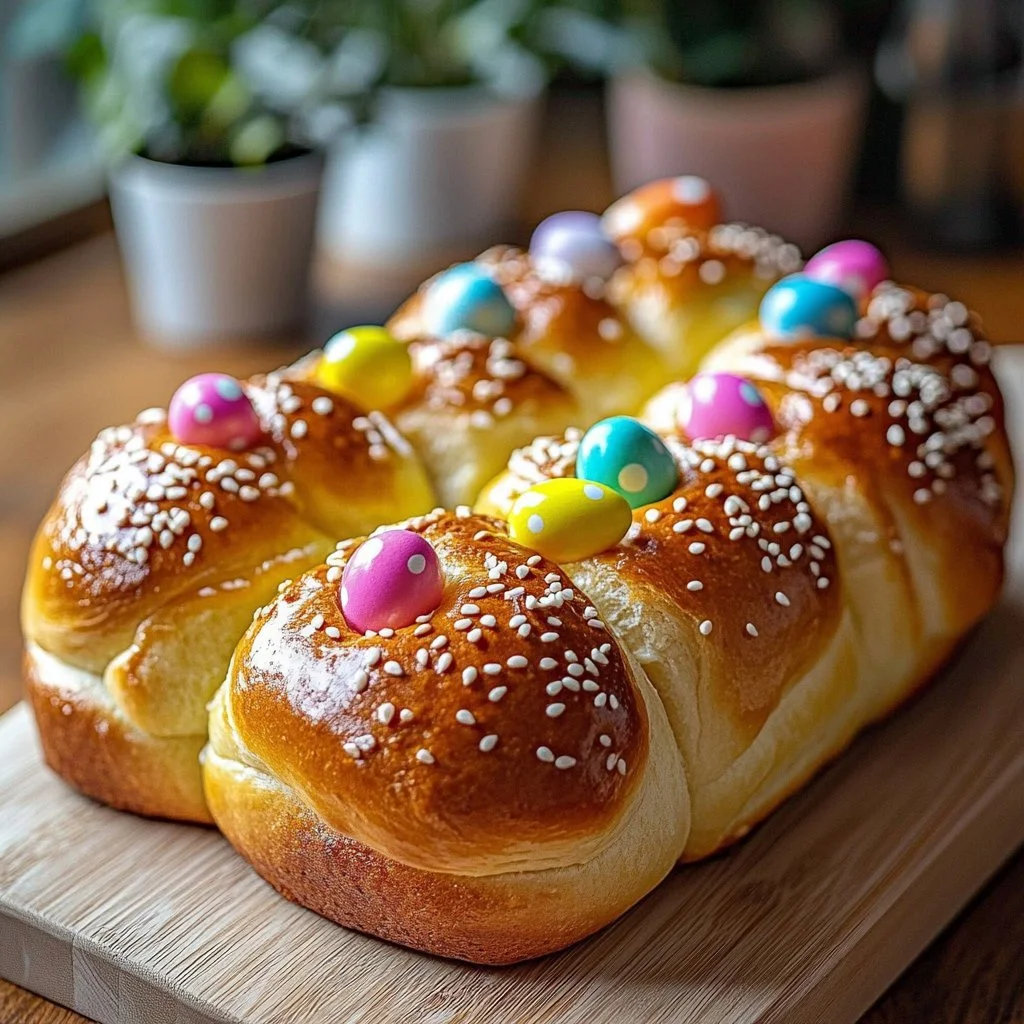 Homemade Easter Bread decorated for the festive holiday season.