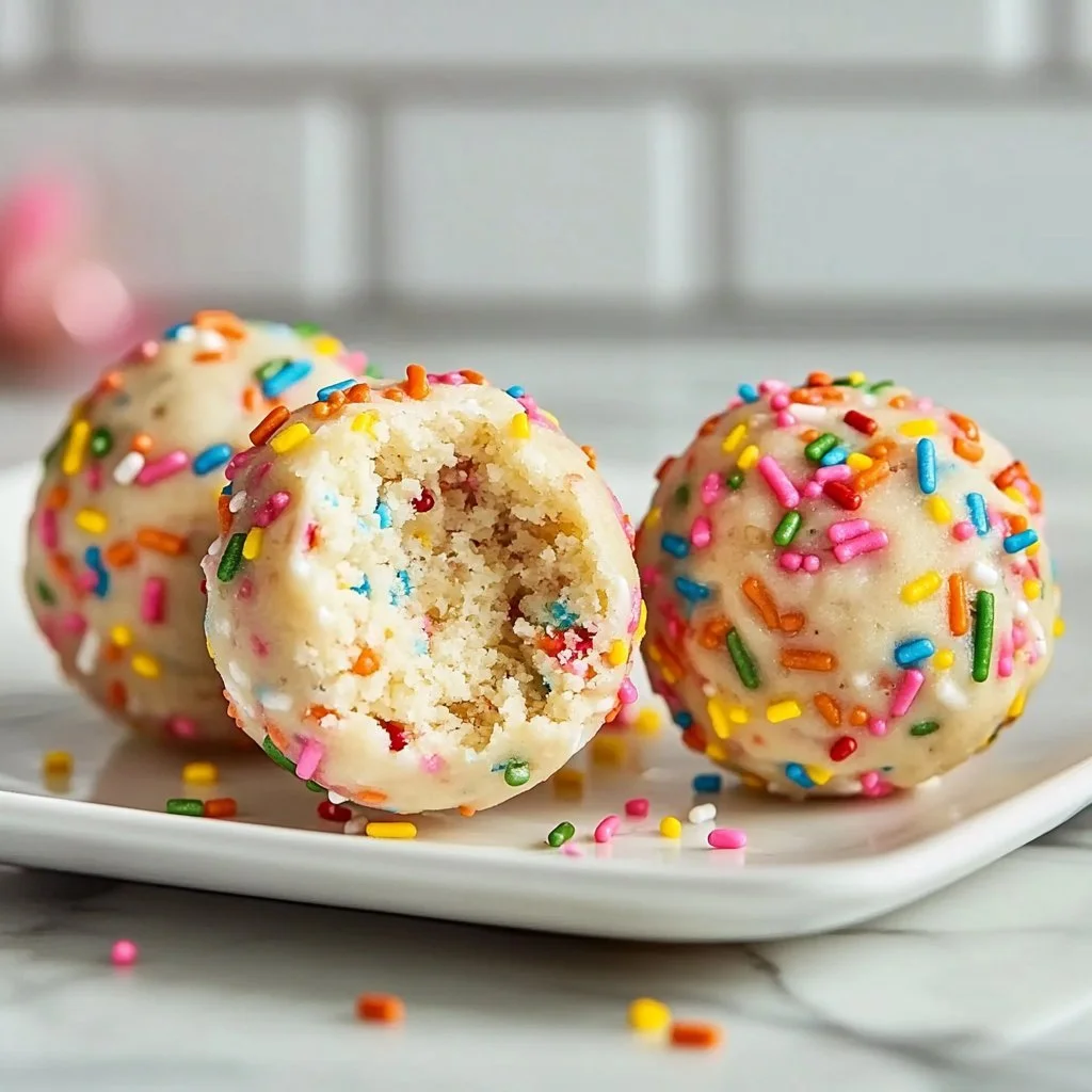 Easy birthday cake energy balls recipe with colorful sprinkles and healthy ingredients