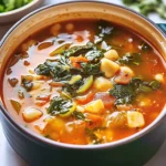 Bowl of Easy Longevity Soup with fresh vegetables and herbs