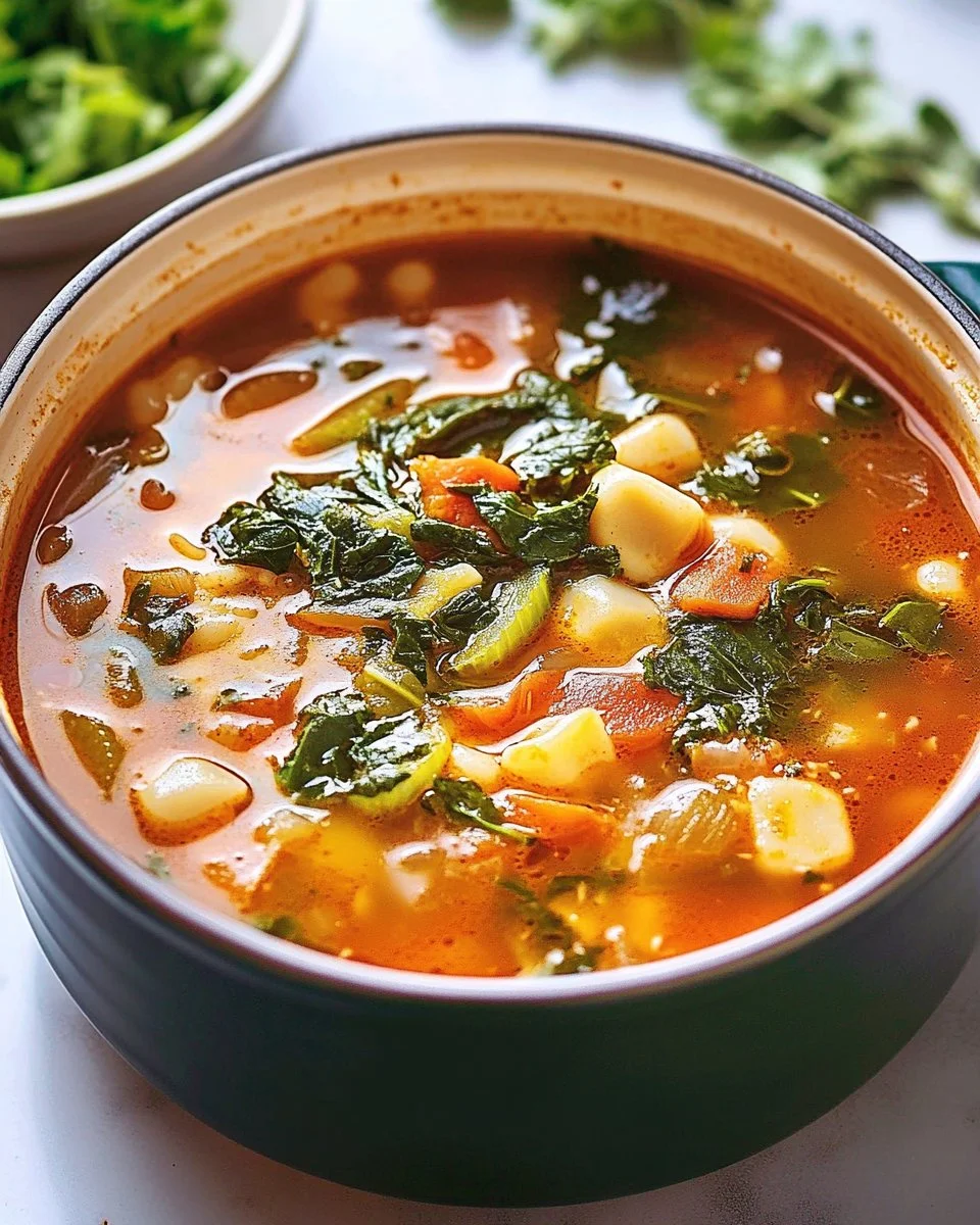 Bowl of Easy Longevity Soup with fresh vegetables and herbs