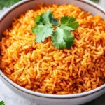 Bowl of easy Mexican rice garnished with cilantro and lime