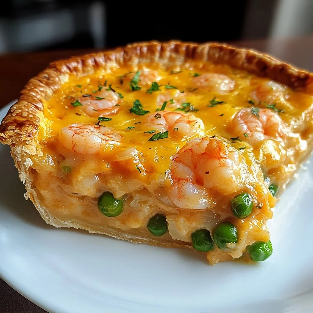 Delicious Florida Shrimp Cheddar Pie topped with melted cheese and fresh shrimp.