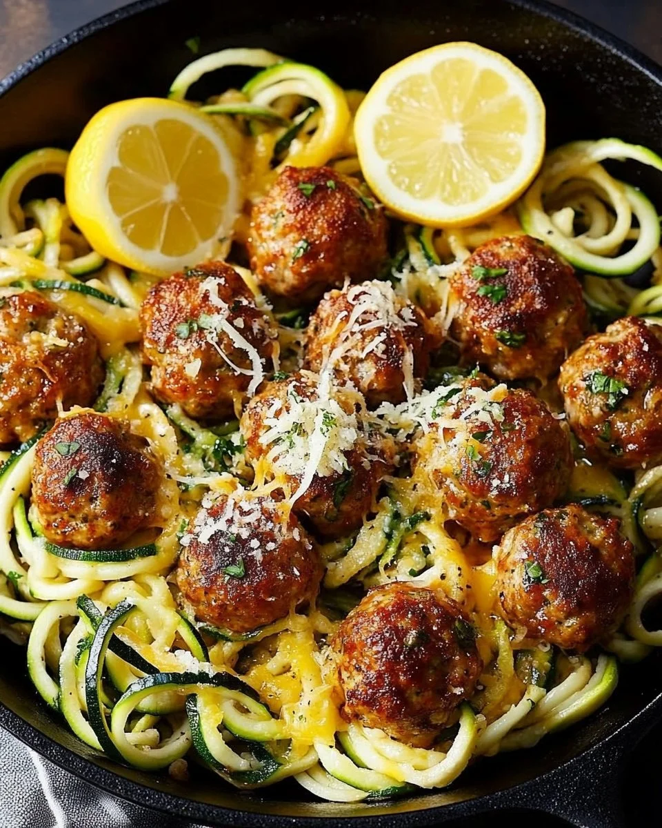 Garlic Butter Meatballs served on a bed of zoodles with fresh herbs
