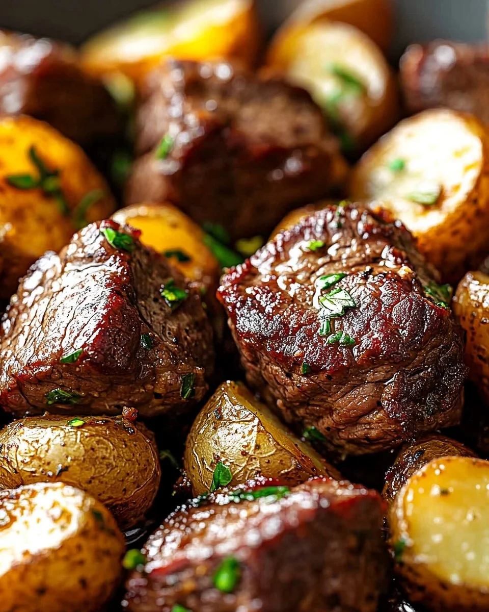 Garlic Butter Steak Bites served with Crispy Potatoes