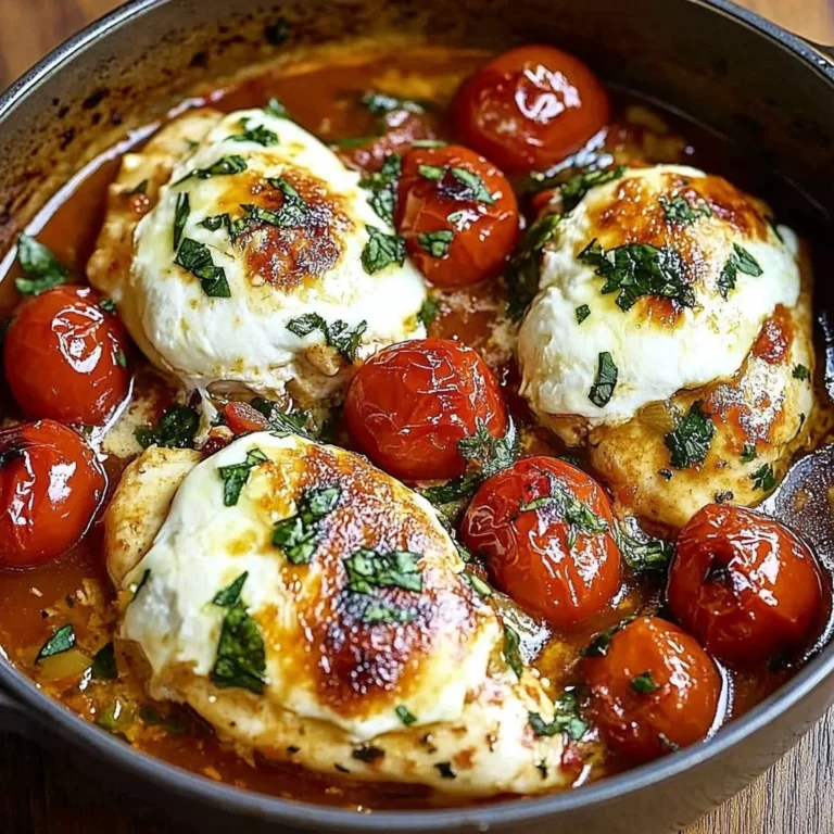 Plate of Garlic Tomato Chicken topped with melted mozzarella cheese.