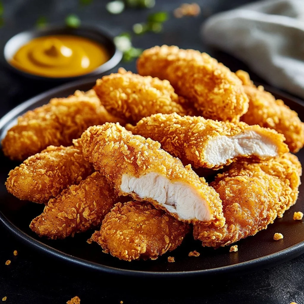 Golden Ranch-Style chicken strips served on a plate with dipping sauce