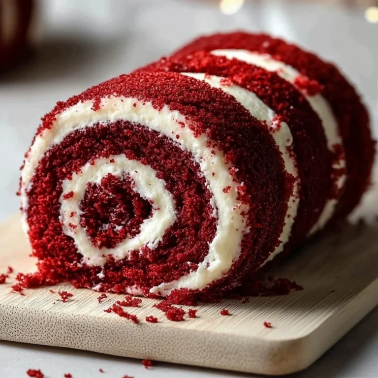 Moist red velvet cake roll with cream cheese filling displayed on a white plate.