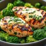 Grilled chicken bowls with broccoli and creamy garlic sauce